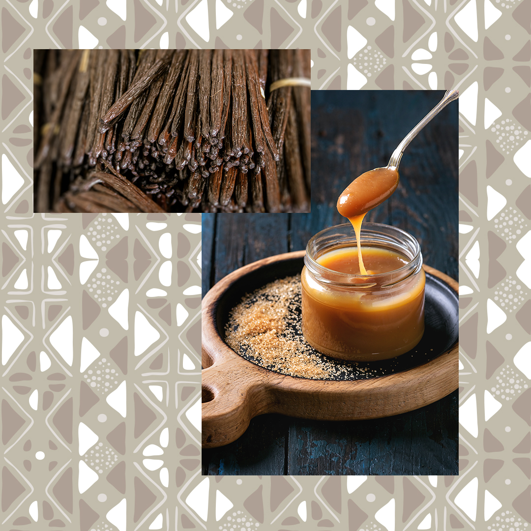 jar of caramel and sticks of vanilla