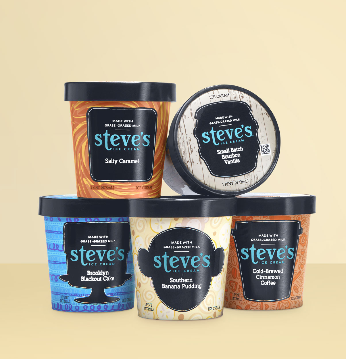 5 pints of ice cream on yellow background