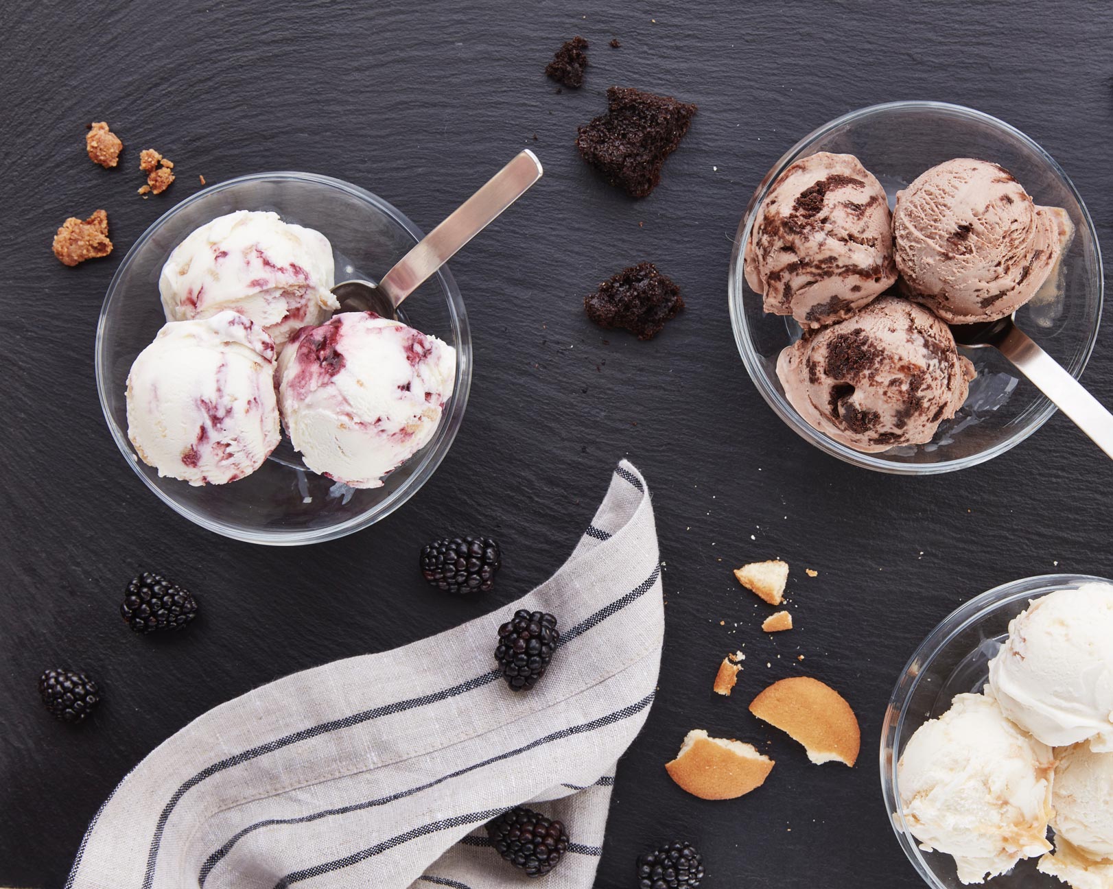 3 scoop bowls of ice cream with ingredients 