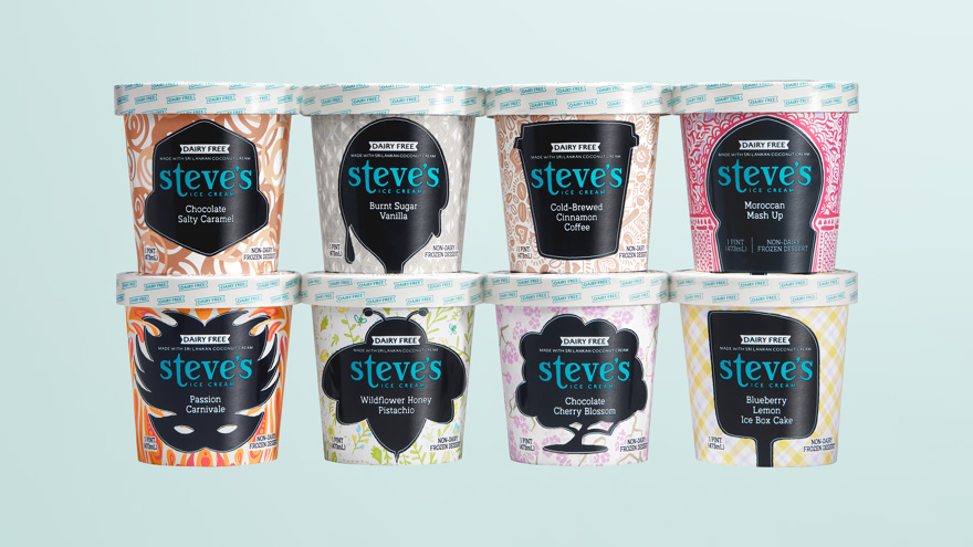 8 dairy free pints of ice cream on blue background