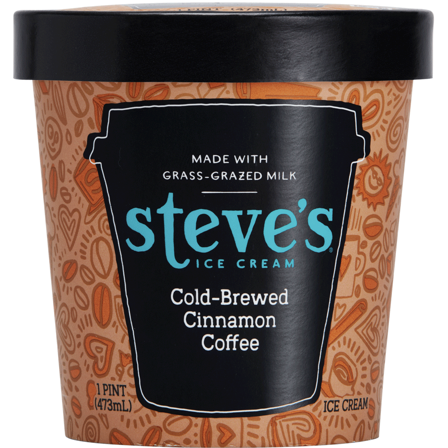 brown illustrated pint container with black lid